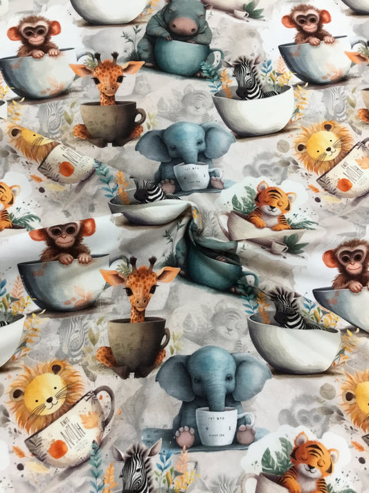 Bómullarjersey - Animals in cups