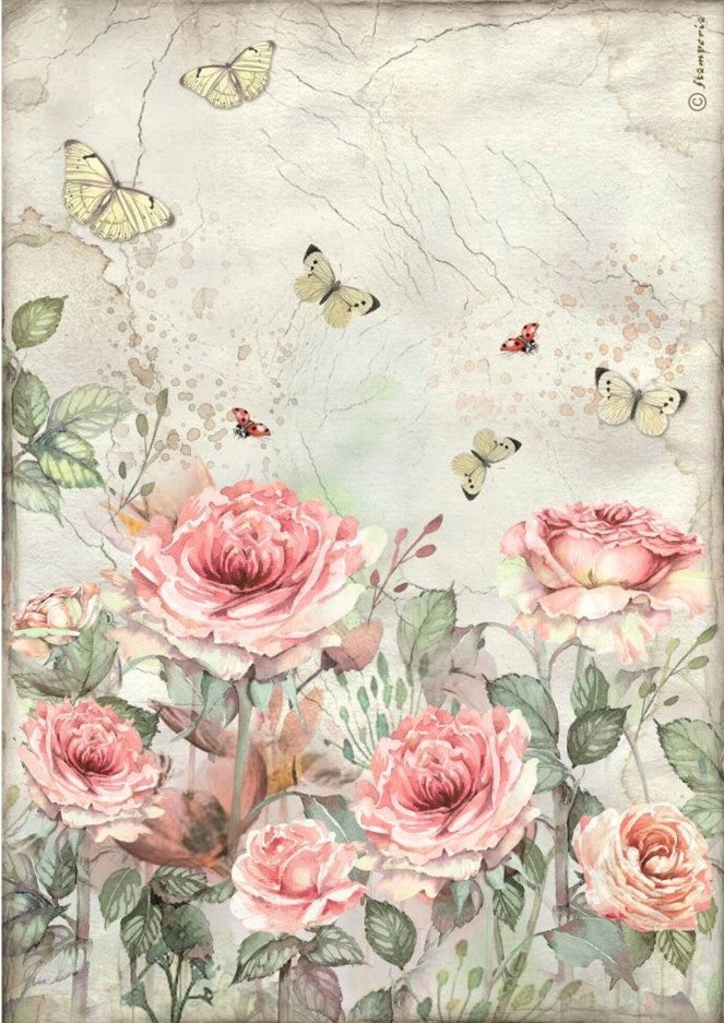 Ríspappír A4 - House of Roses roses and butterfly